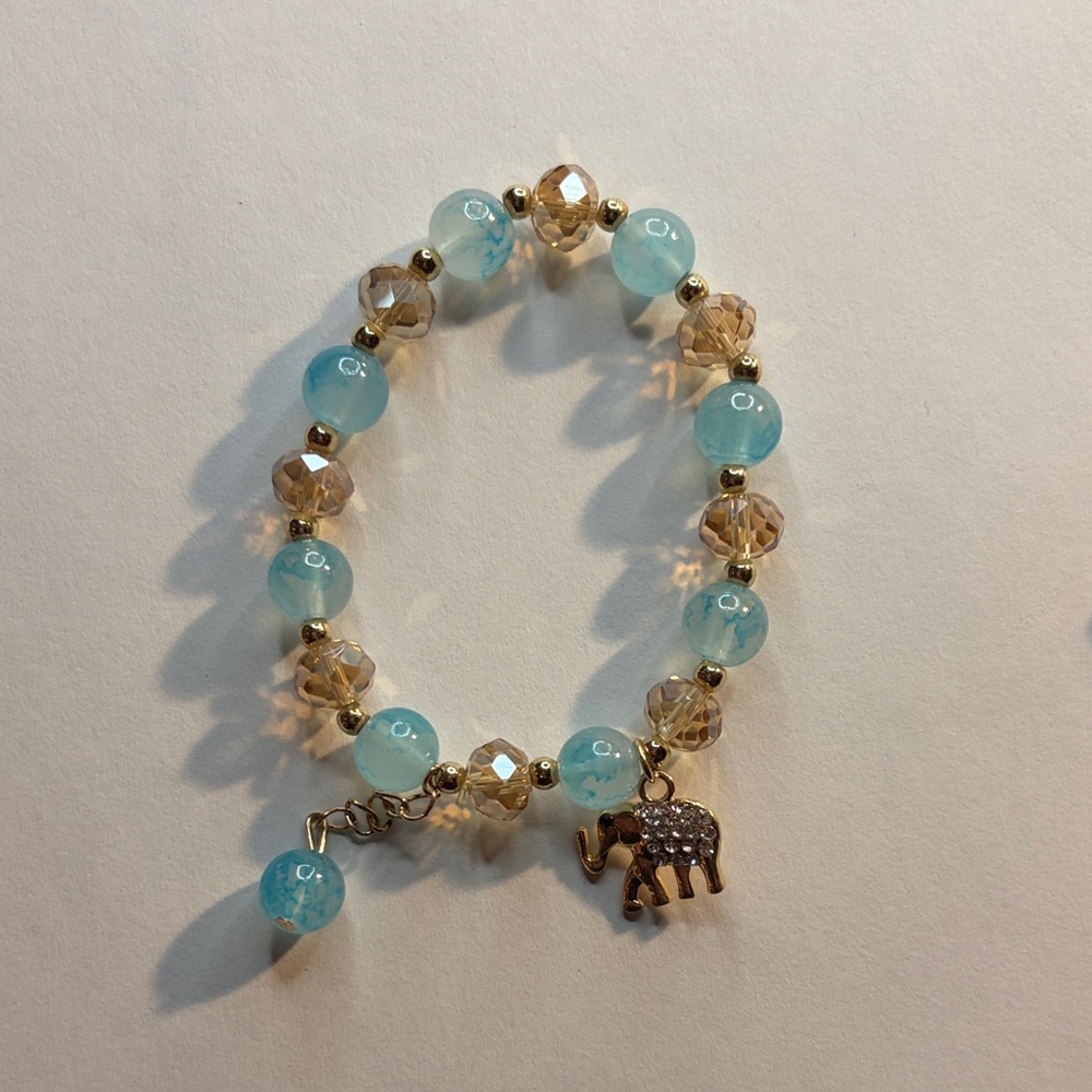 Gold and Blue Beaded Elephant Charm Bracelet